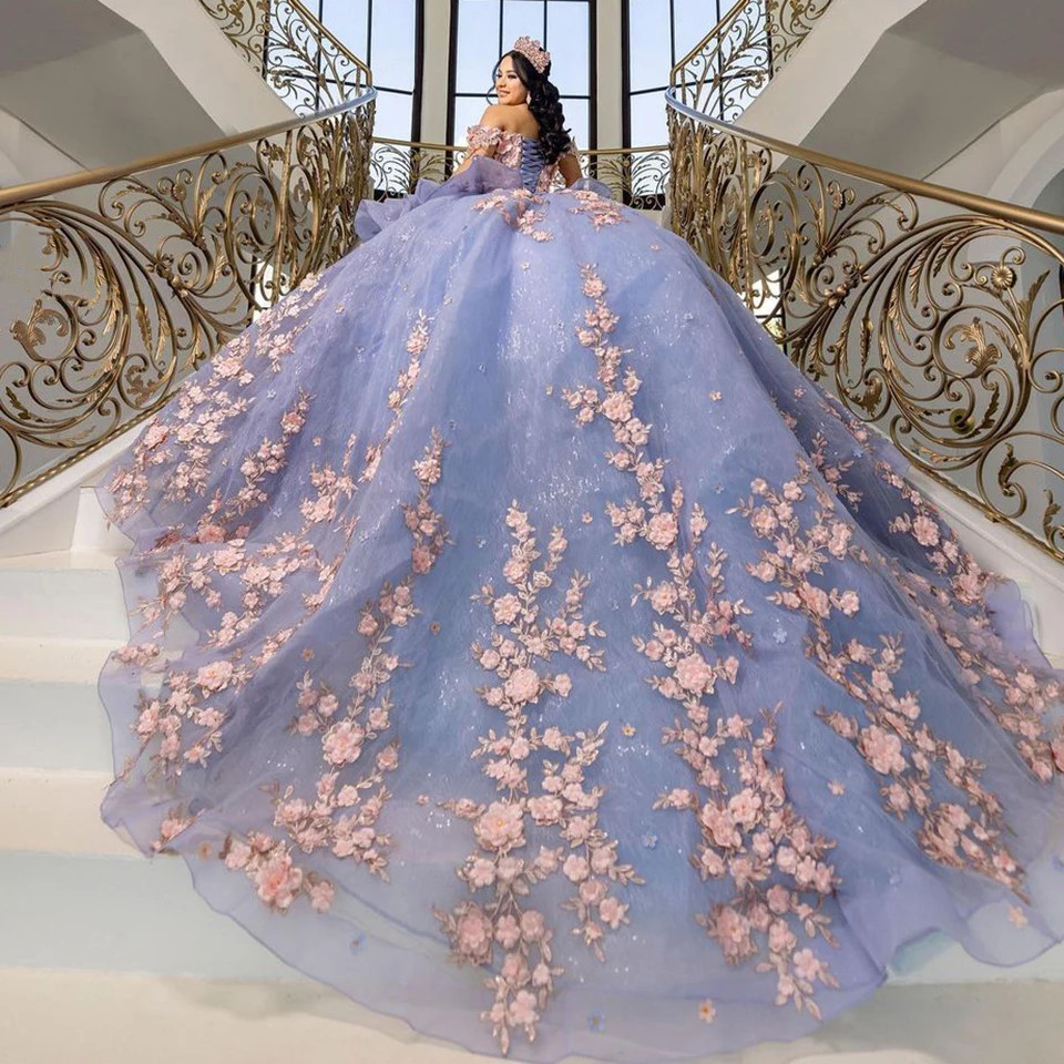 Lilac Princess Quinceanera Dresses Luxury 3D Flowers Beaded Ball Gowns Sweet 16