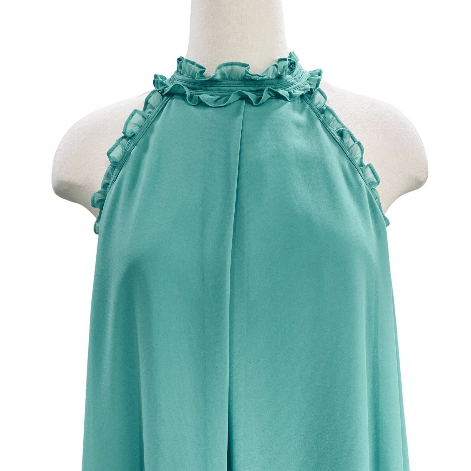 BCBG Generation Turquoise Halter Neck Shift Dress Sleeveless Chiffon Ruffle Trim