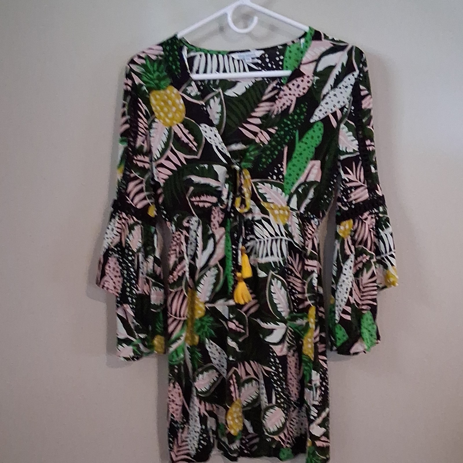 Tropical Floral Leaf Print M Mini Dress V-Neck Tassel Tie 3/4 Bell Sleeve