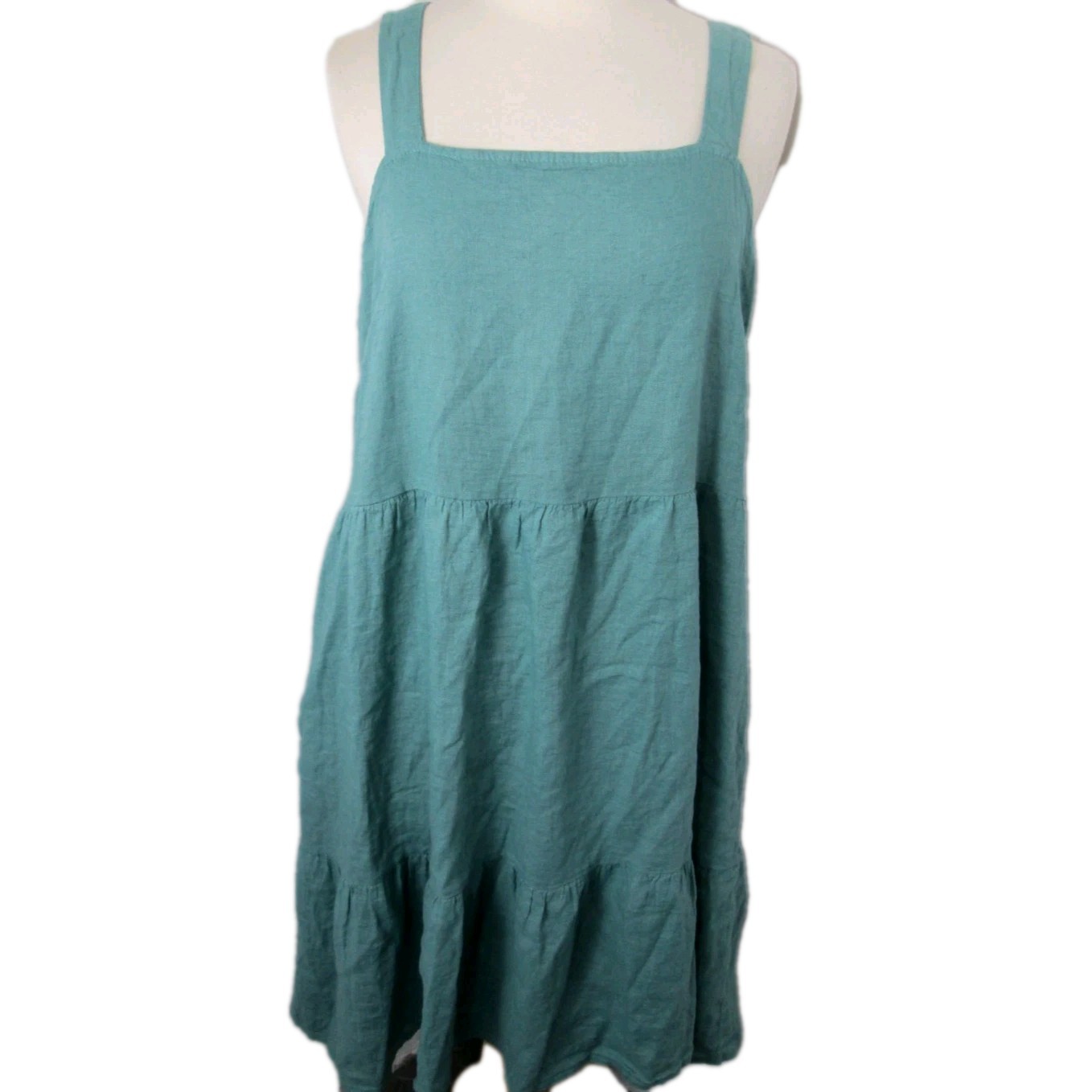 NEW Valentina Naldi Strappy Mini Dress Women’s L Teal Linen Tiered Babydoll