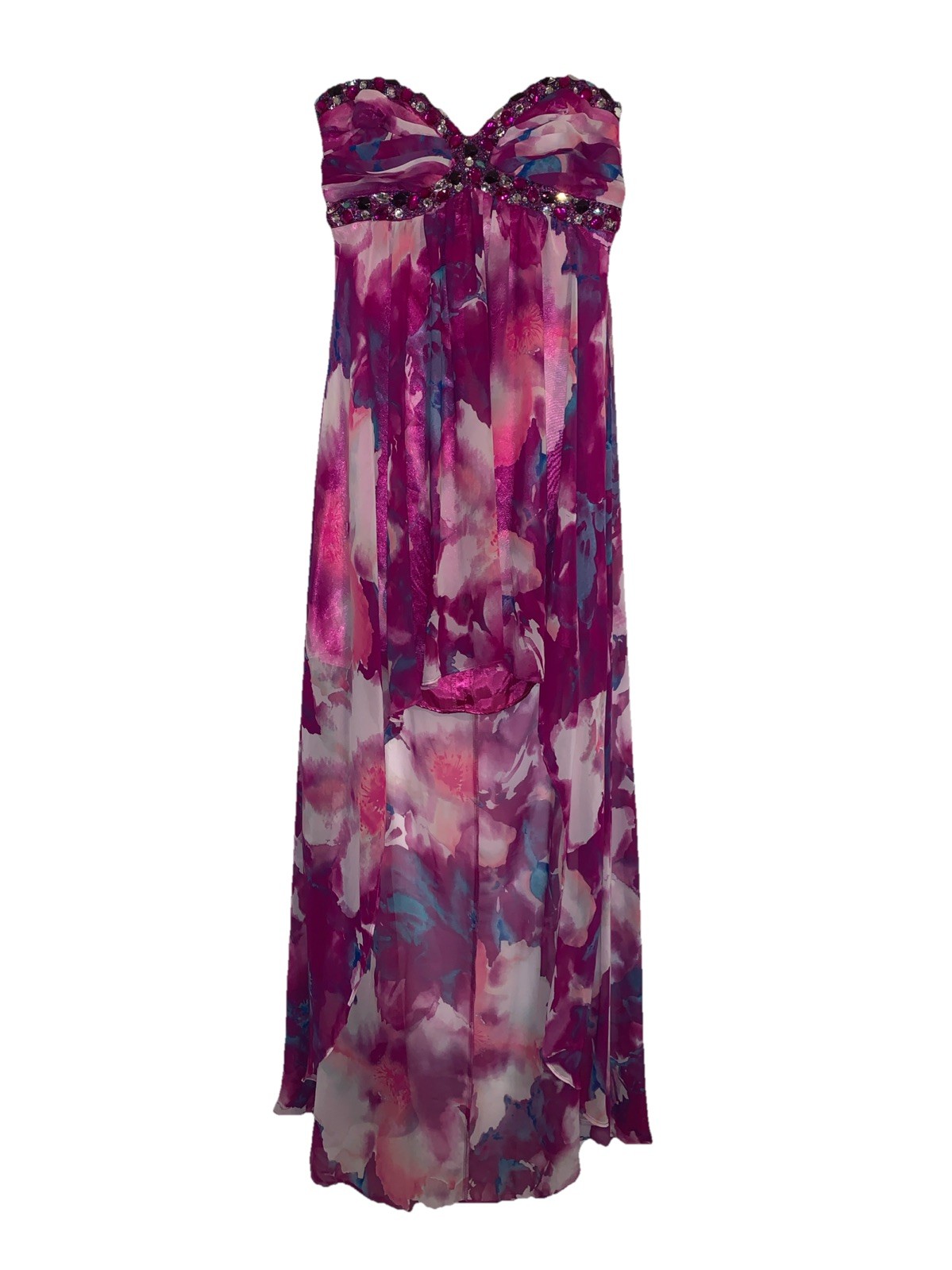 VTG Y2K Deb Strapless High Low Dress Beaded Pink Purple Fairy Floral Cocktail