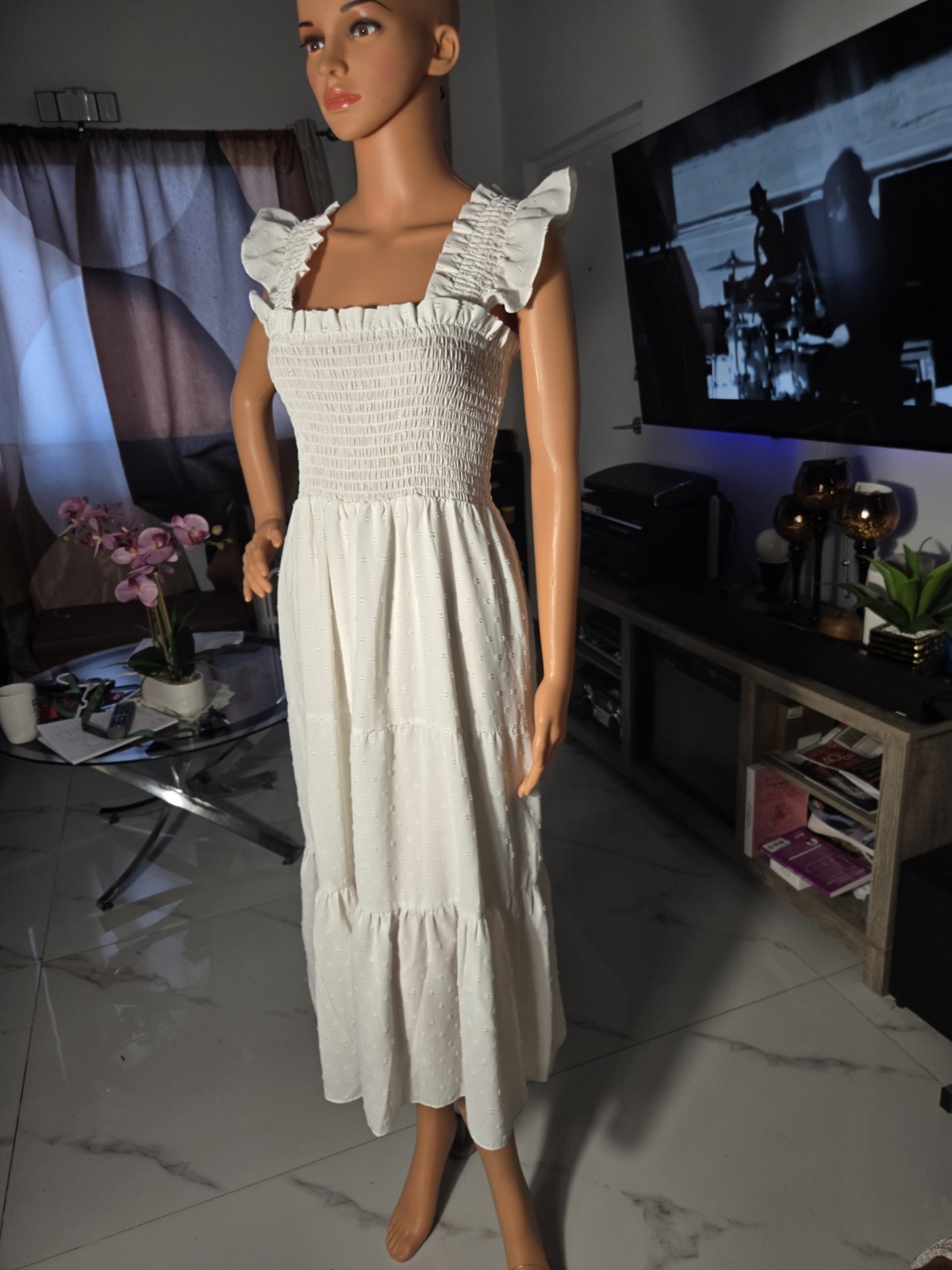 Londontime S White Solid Square Neck Smocked Ruffle Strap Midi A-Line Dress