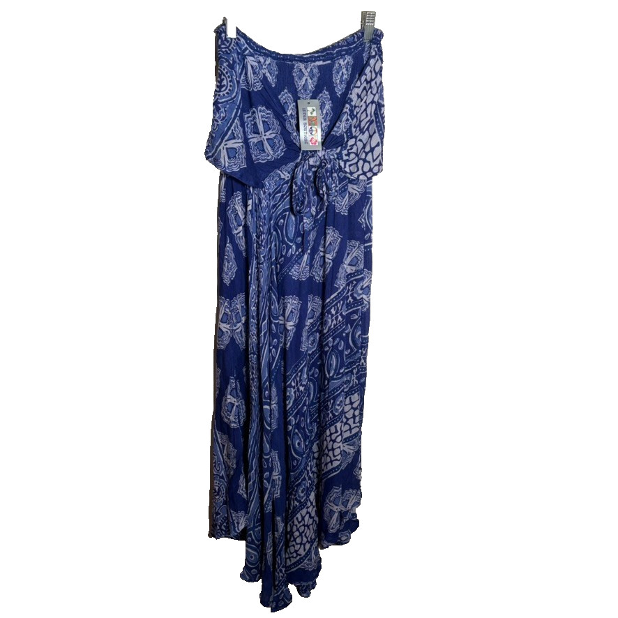 India Boutique Dress Women’s Free Size Blue Asymmetrical Flowy Printed Boho NWT