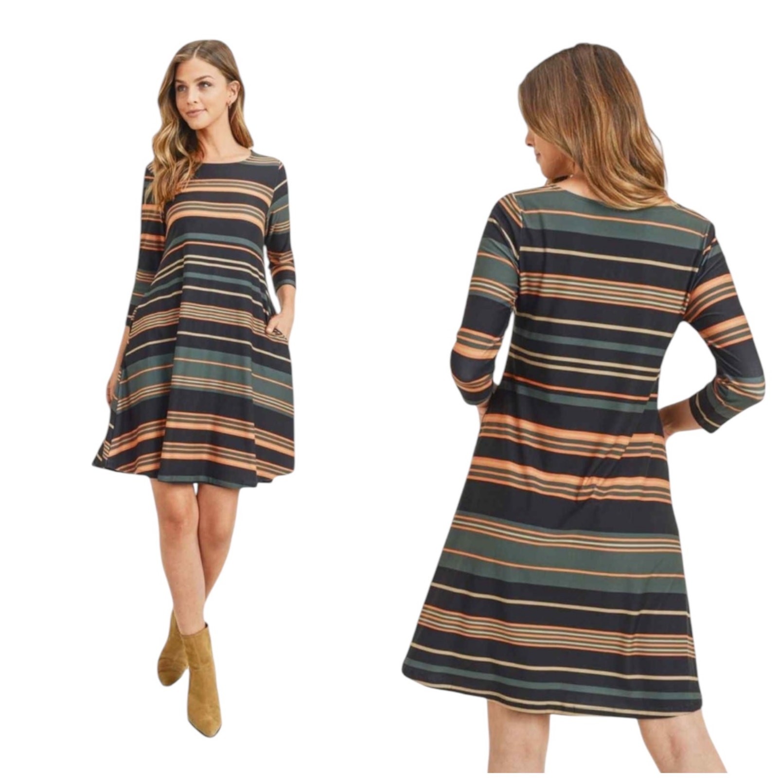 Yelete Striped Dress Women’s Size Large Stretch 3/4 Sleeve Pockets Soft Comfy