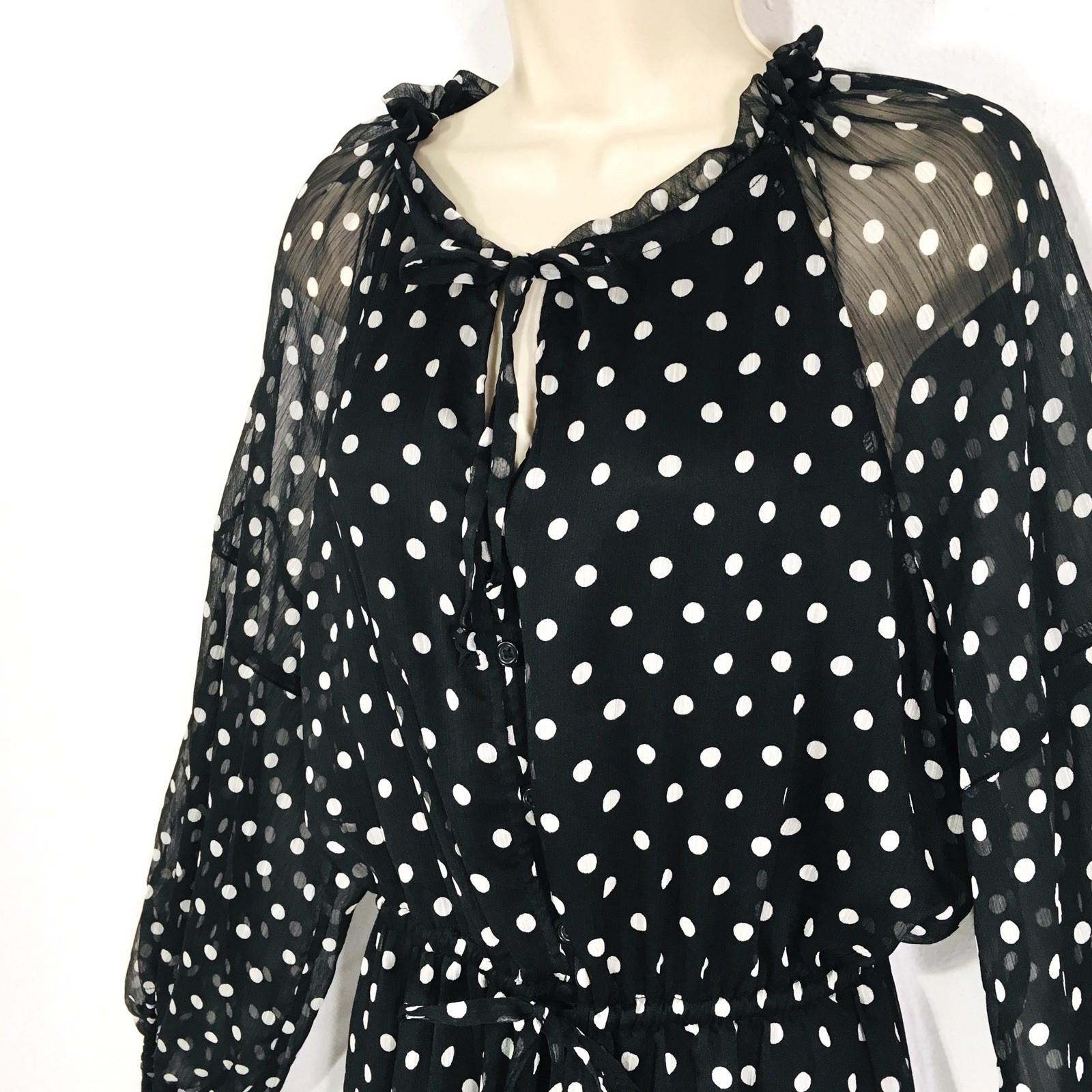On 34th Polka Dot Chiffon Dress Sz L Sheer Sleeves Stretch Waist Fairy Whimsy