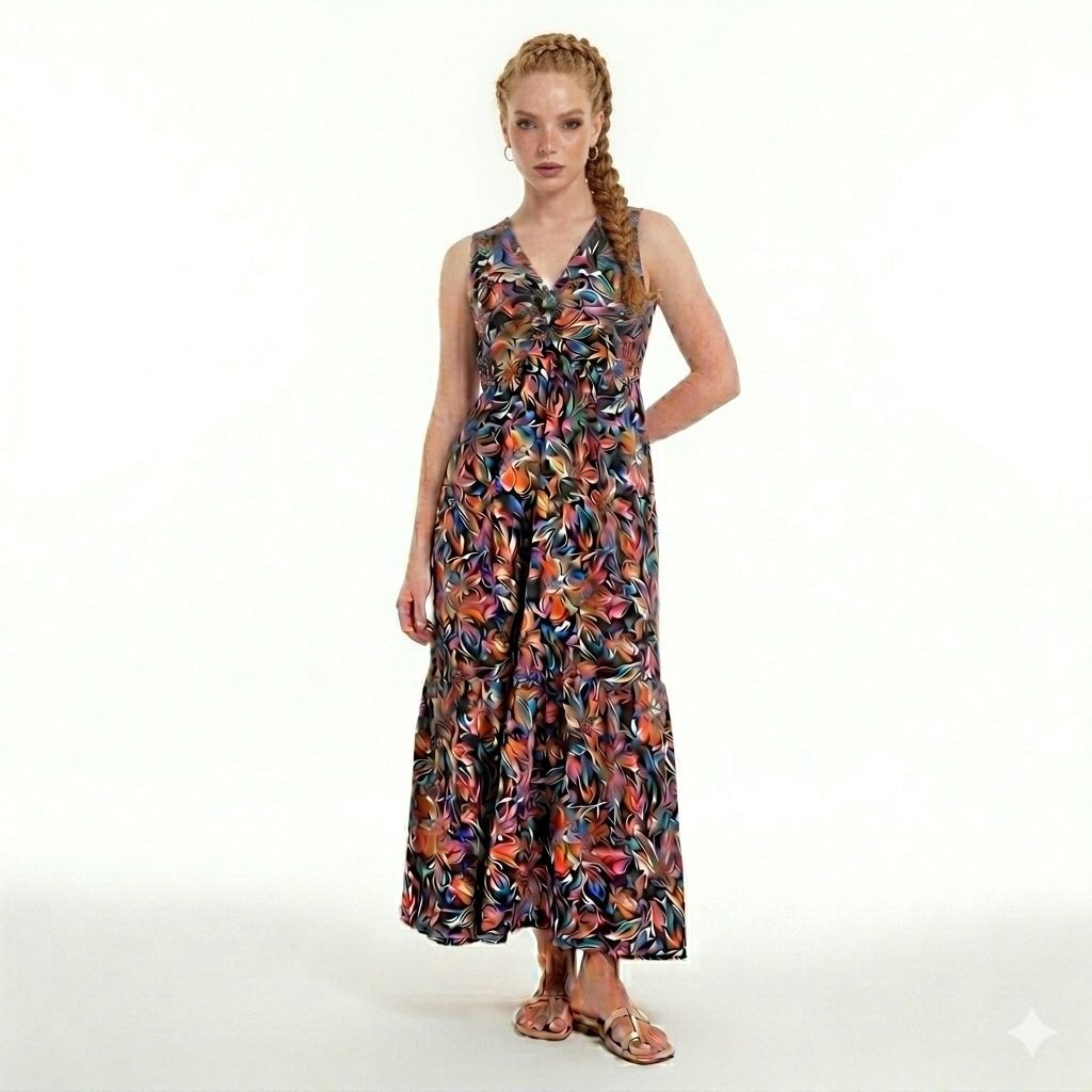 French Connection Twist Front Black Multicolor Floral Maxi Dress – Small – New