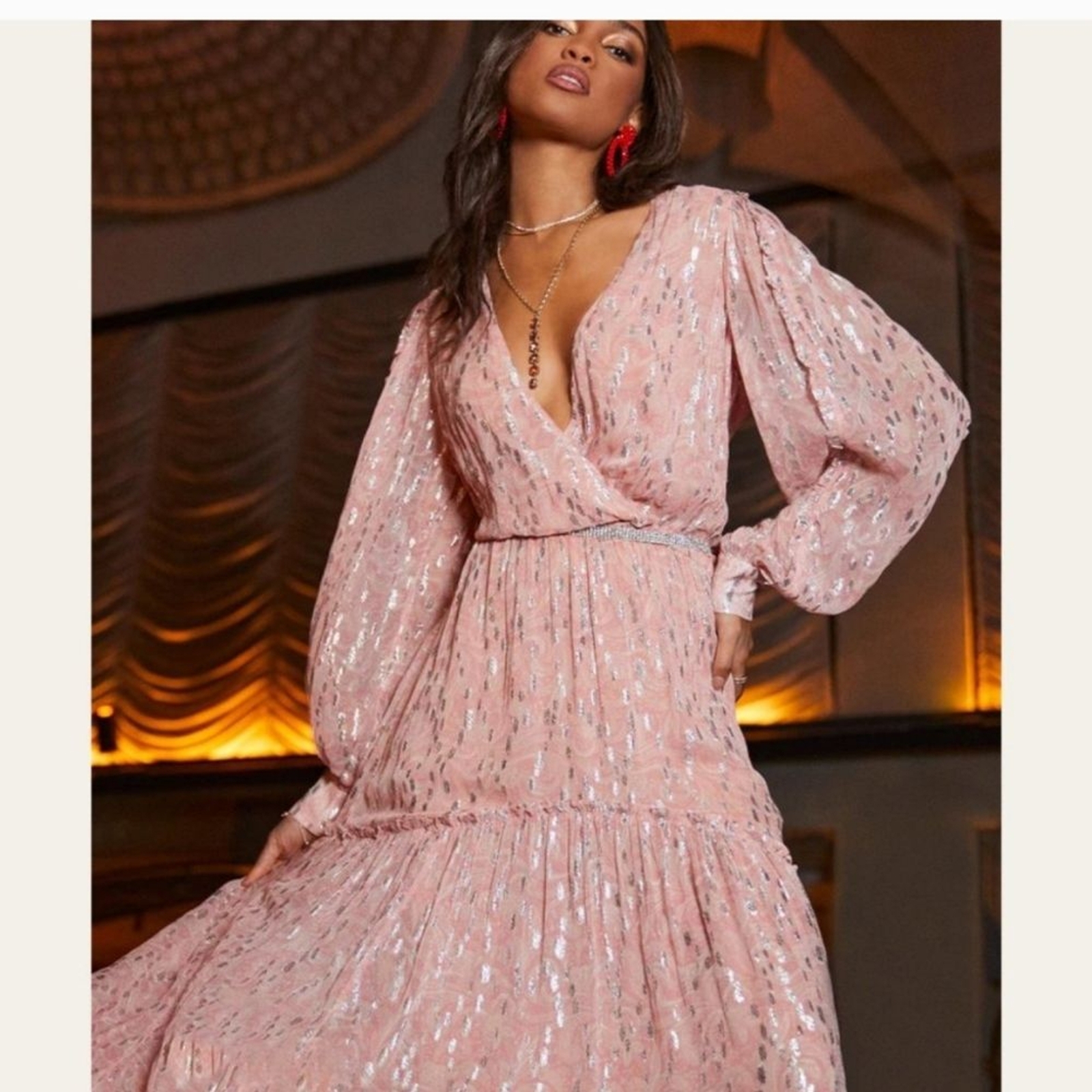 Ramy Brook Ora Metallic Maxi Dress M Pink Plunging Neck Fairy Beachy Resortwear