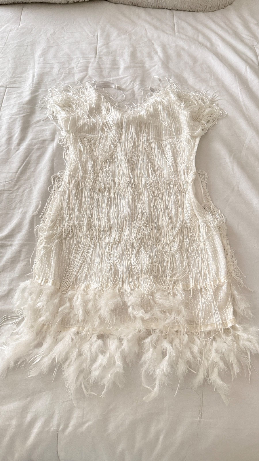 White Ivory Fringe & Feather Trim Mini Dress Size L Sequin Party Bachelorette NY