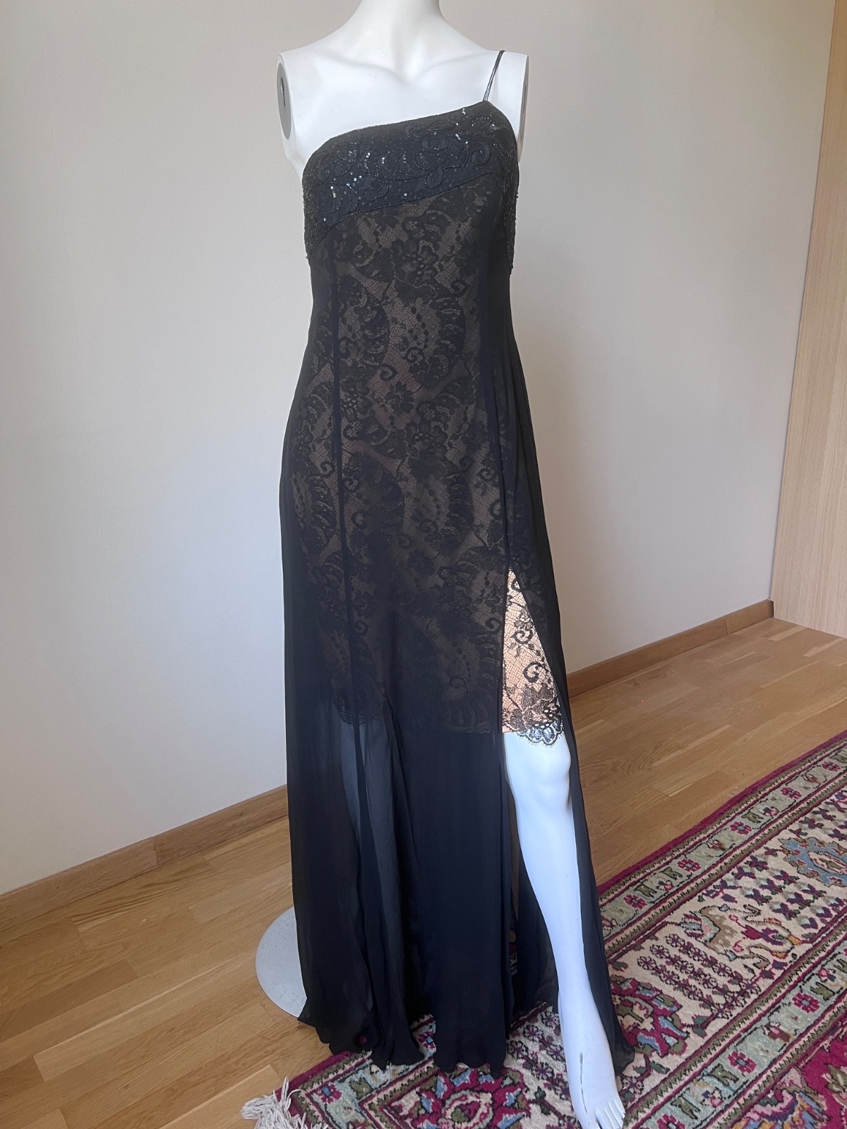 Vintage Silk Maxi Escada One Shoulder Gown with Lace underdress sz L