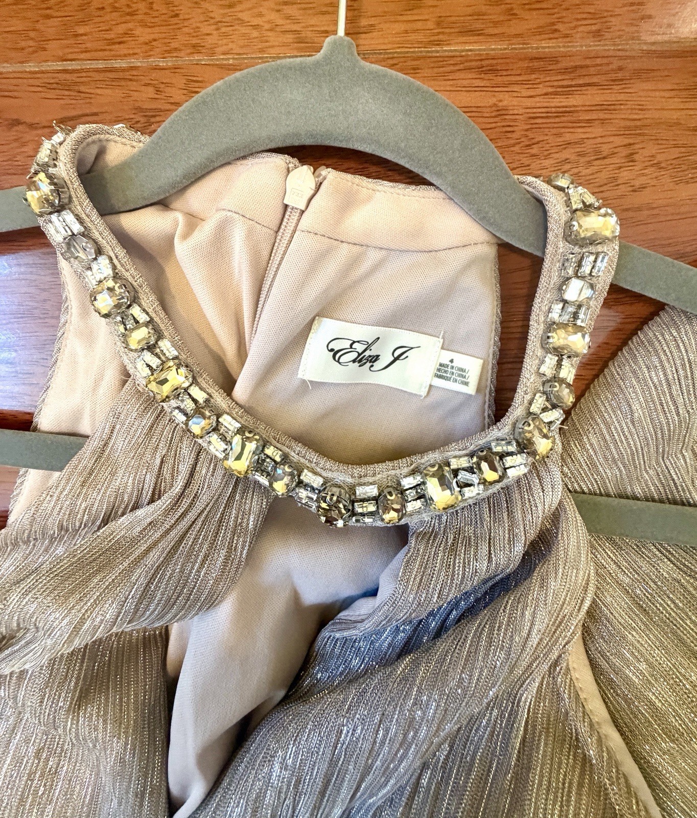 Eliza J Shimmery Taupe Cocktail Dress with Jeweled Neckline