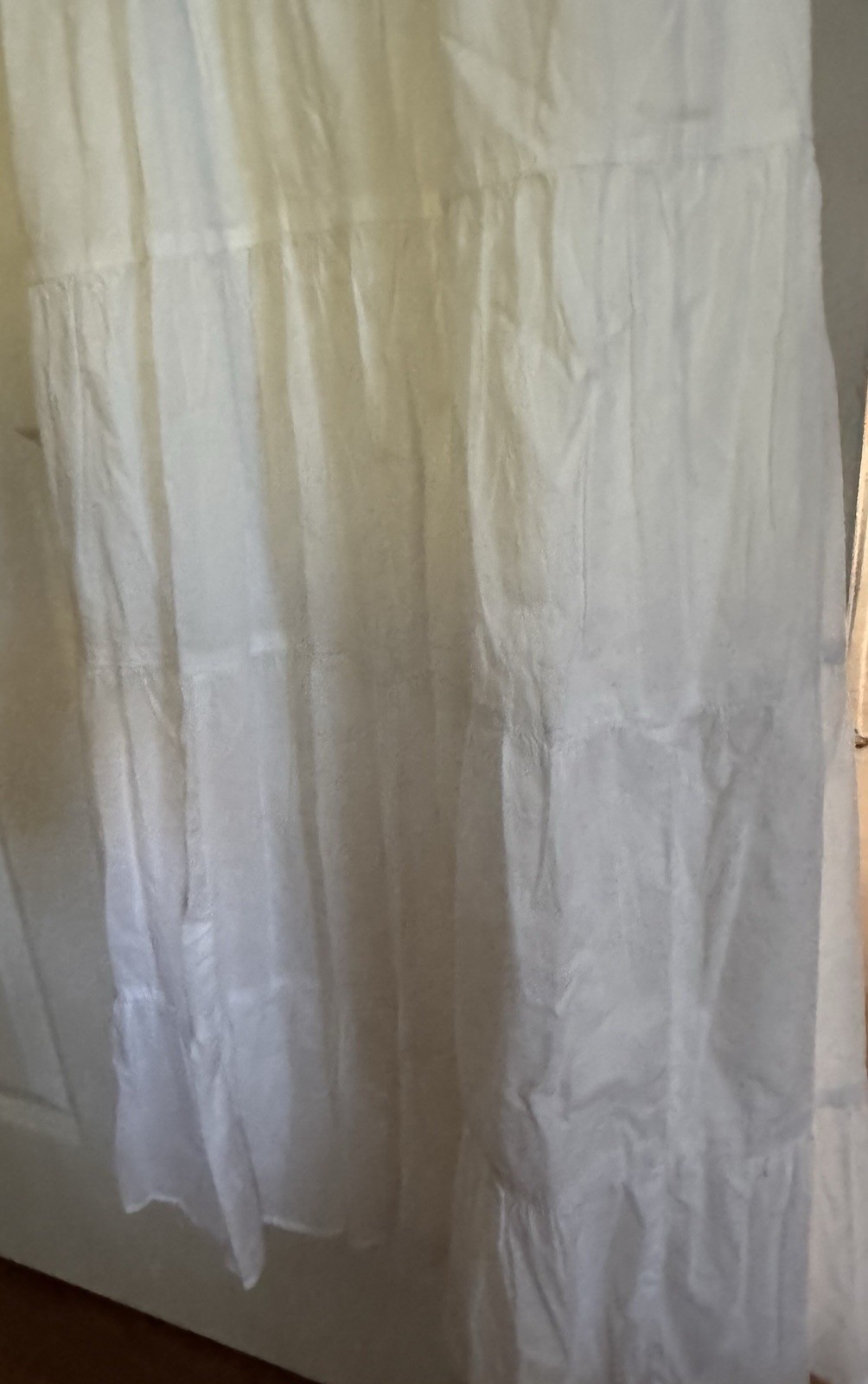 Long, White Linen-like Sun Dress S-6. Neck Ruffles. Sleeveless. Lined. Pockets.