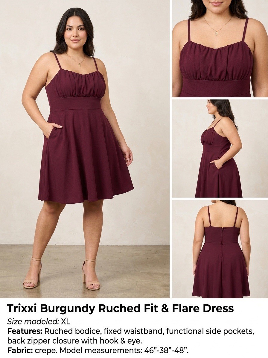 Trixxi Burgundy Square Neck Ruched Fit & Flare Pocket Dress Knee Length XL