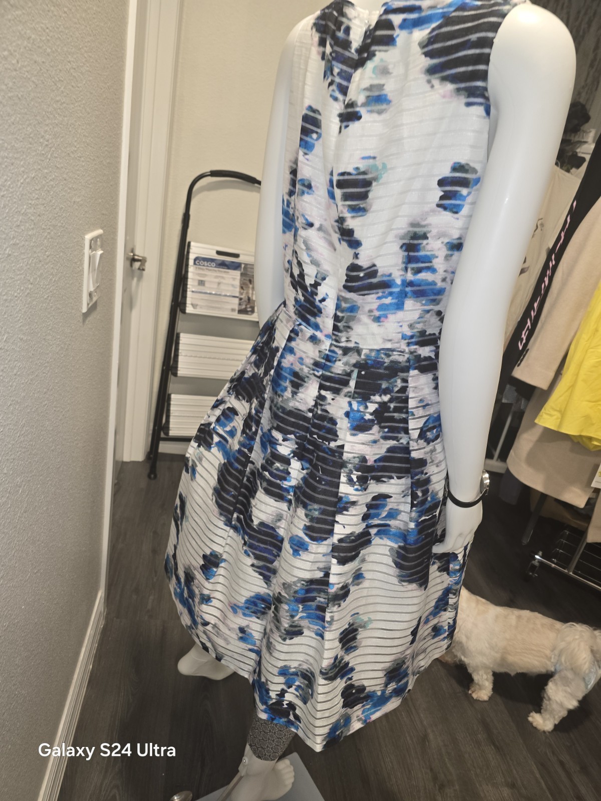 Ivanka Trump Blue/White/Black Abstract V-Neck Pleated Fit & Flare Dress 12
