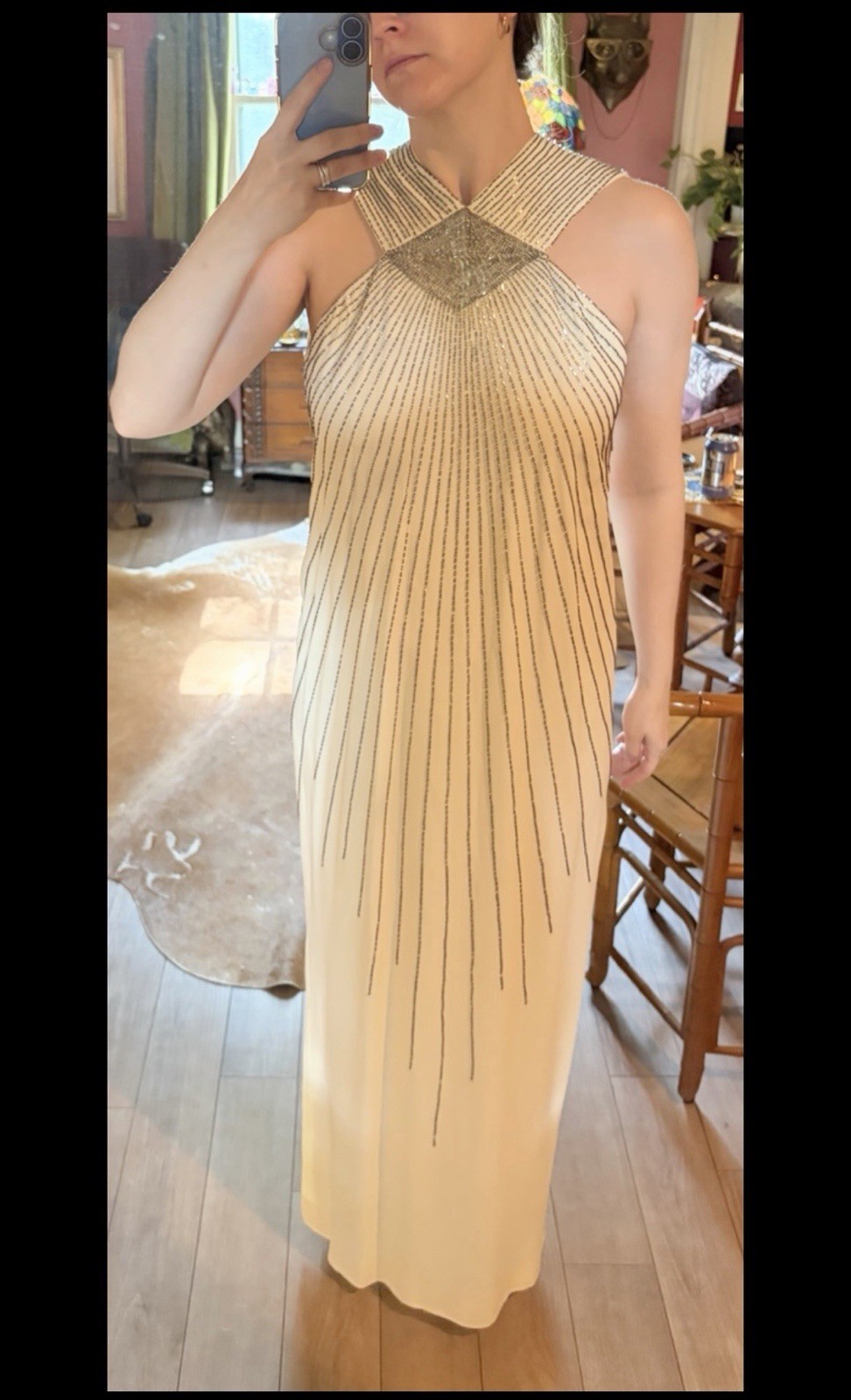 RARE VINTAGE Adele Simpson Egyptian Revival Sequin Cream Maxi Gown. Small.