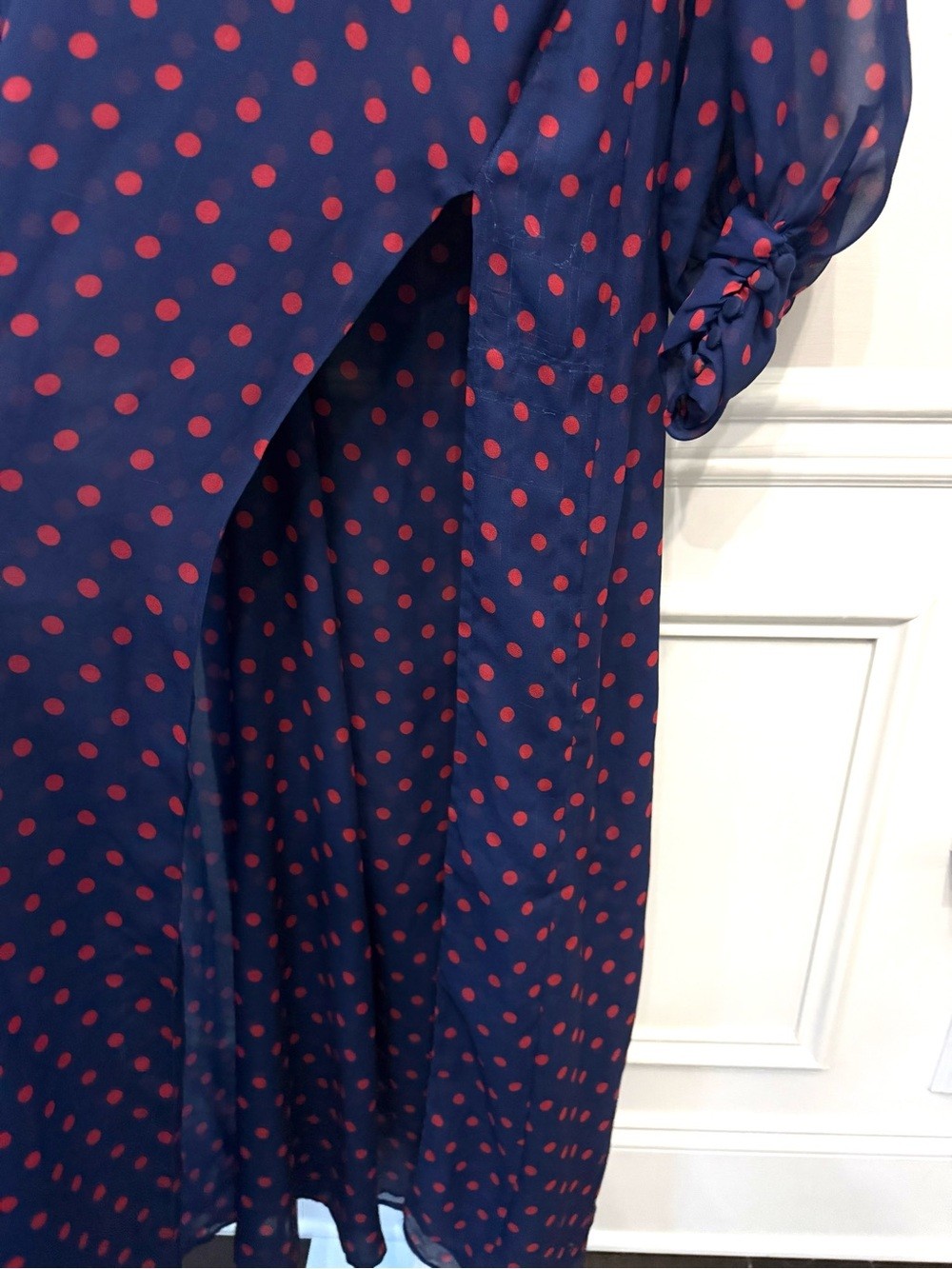 For Love & Lemons Navy Red Polka Dot Maxi Dress Puff Sleeve Side Slit M