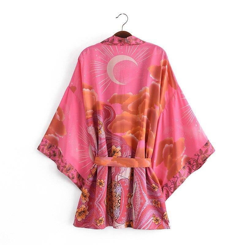 Pink Orange Floral Moon Sky Cloud Print Boho Short Kimono Batwing Sleeve Robe