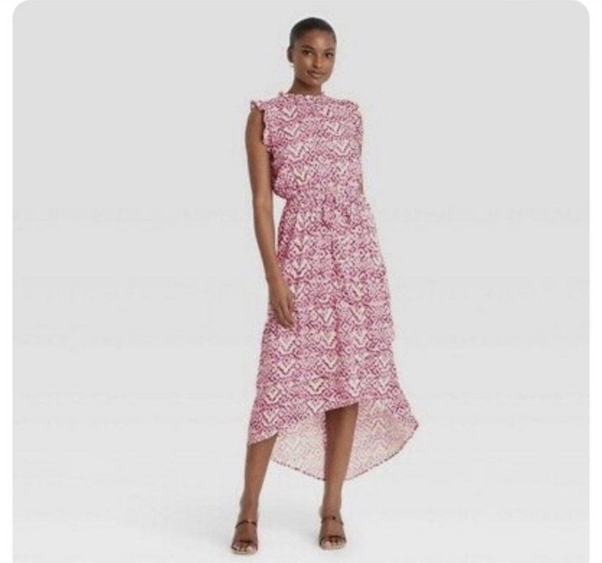 Who What Wear Sleeveless Ruffle hi-low hem midi Dress Pink Batik XS Rayon New