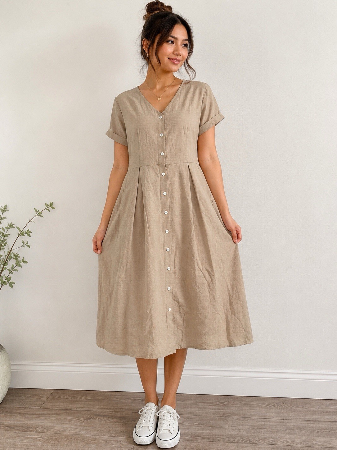Women’s Beige Button Front Midi Dress Short Sleeve Size S