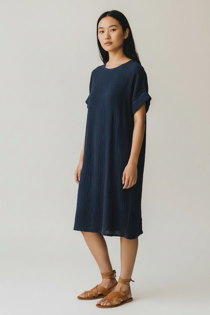Elizabeth Suzann Linen Lagenlook Artist Shift Dress Dark Navy Handmade OS 2002