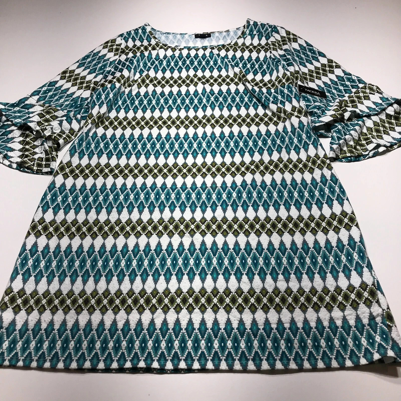 Tacera Woman Dress Size 2X Plus NWT Multicolor Ikat Inspired Ruffle Sleeve Shift