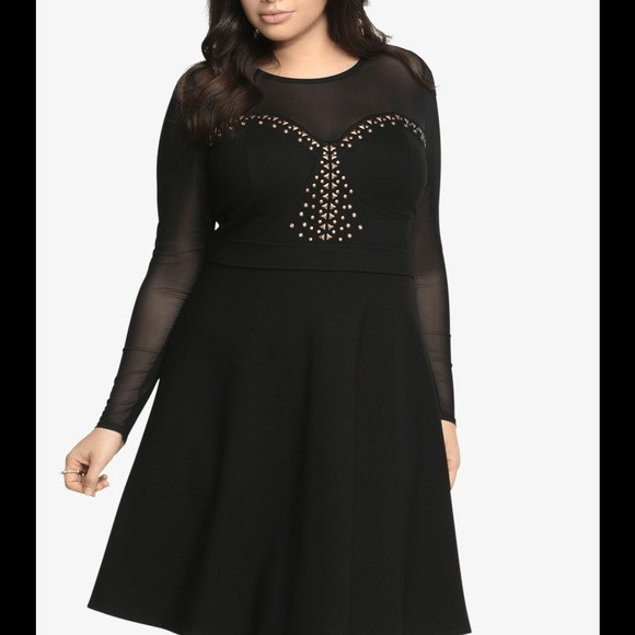 Torrid Black Long Sleeve Mesh Studded Rhinestone Skater Dress 3X 22-24