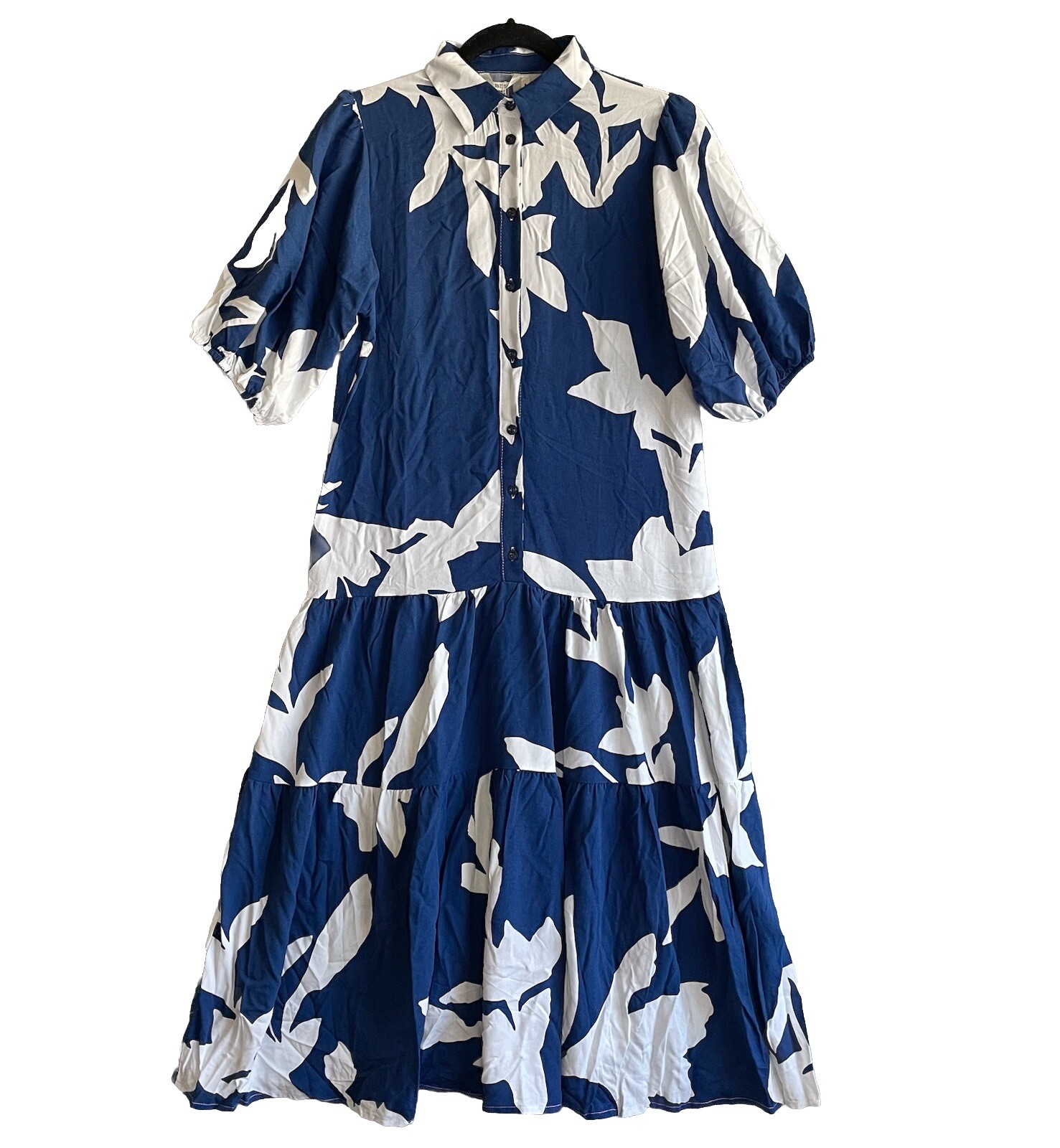 Ibiza Dress UK8 EU36 Blue White Midi Collared Balloon Sleeves Drop Waist Tiered