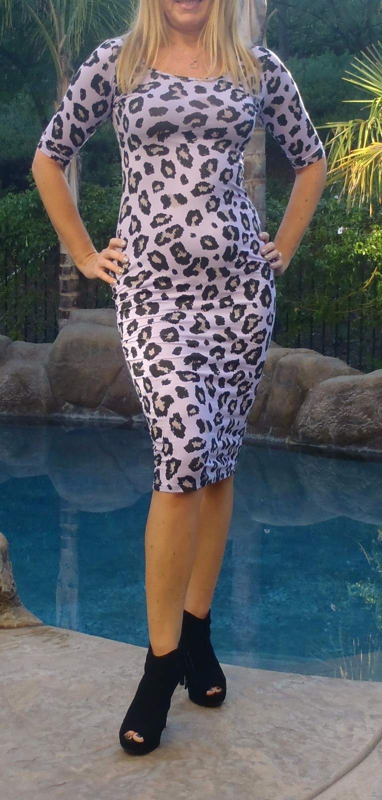Maya Antonia-Stretchy Purple-Black Leopard Midi Dress Knee Length Elbow Sleeves