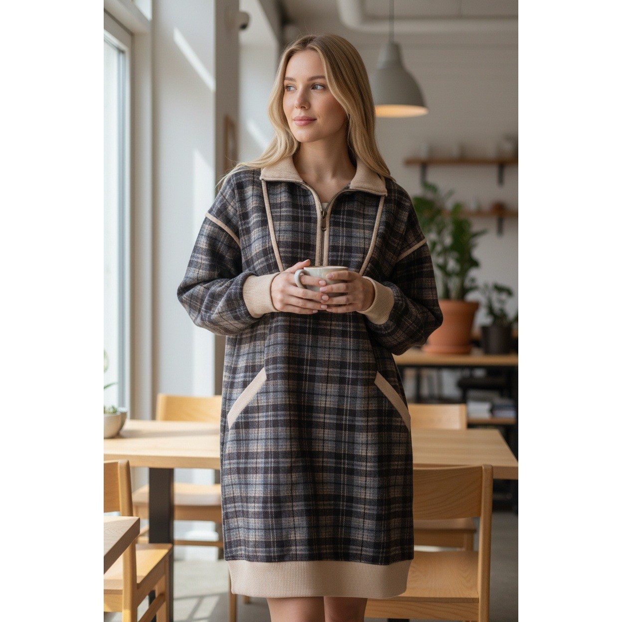 Entro Plaid Quarter Zip Dress Women Grey Brown Ribbed Trim Pockets Small NEW