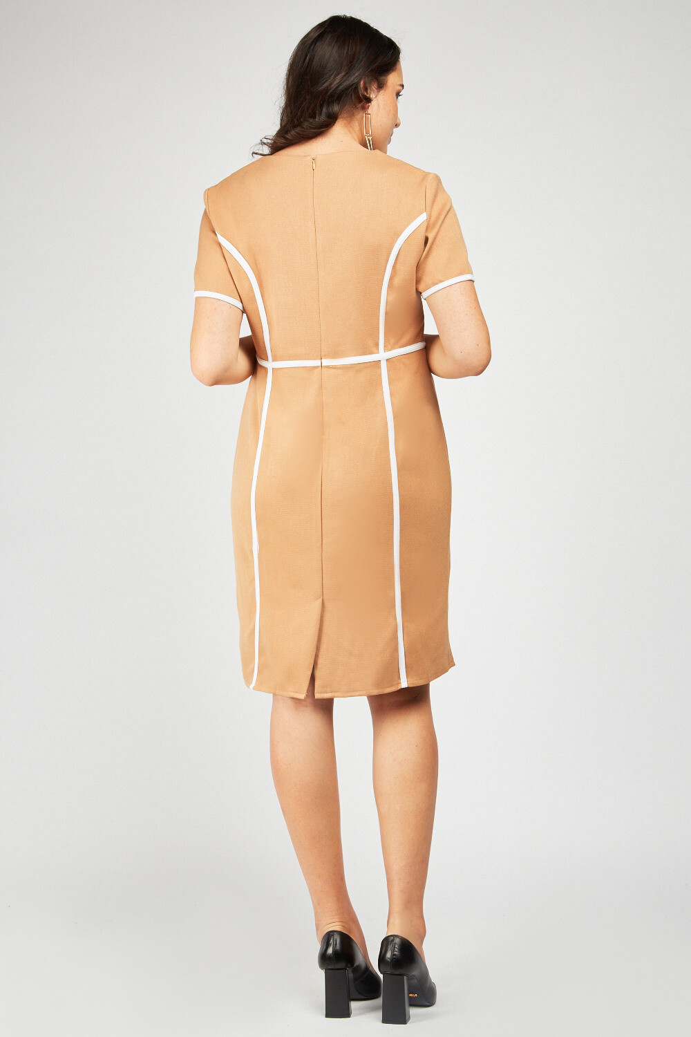 STRUCTURED CAMEL/WHITE MIDI PENCIL DRESS UK 16 EU44 US12 L40 INCHES