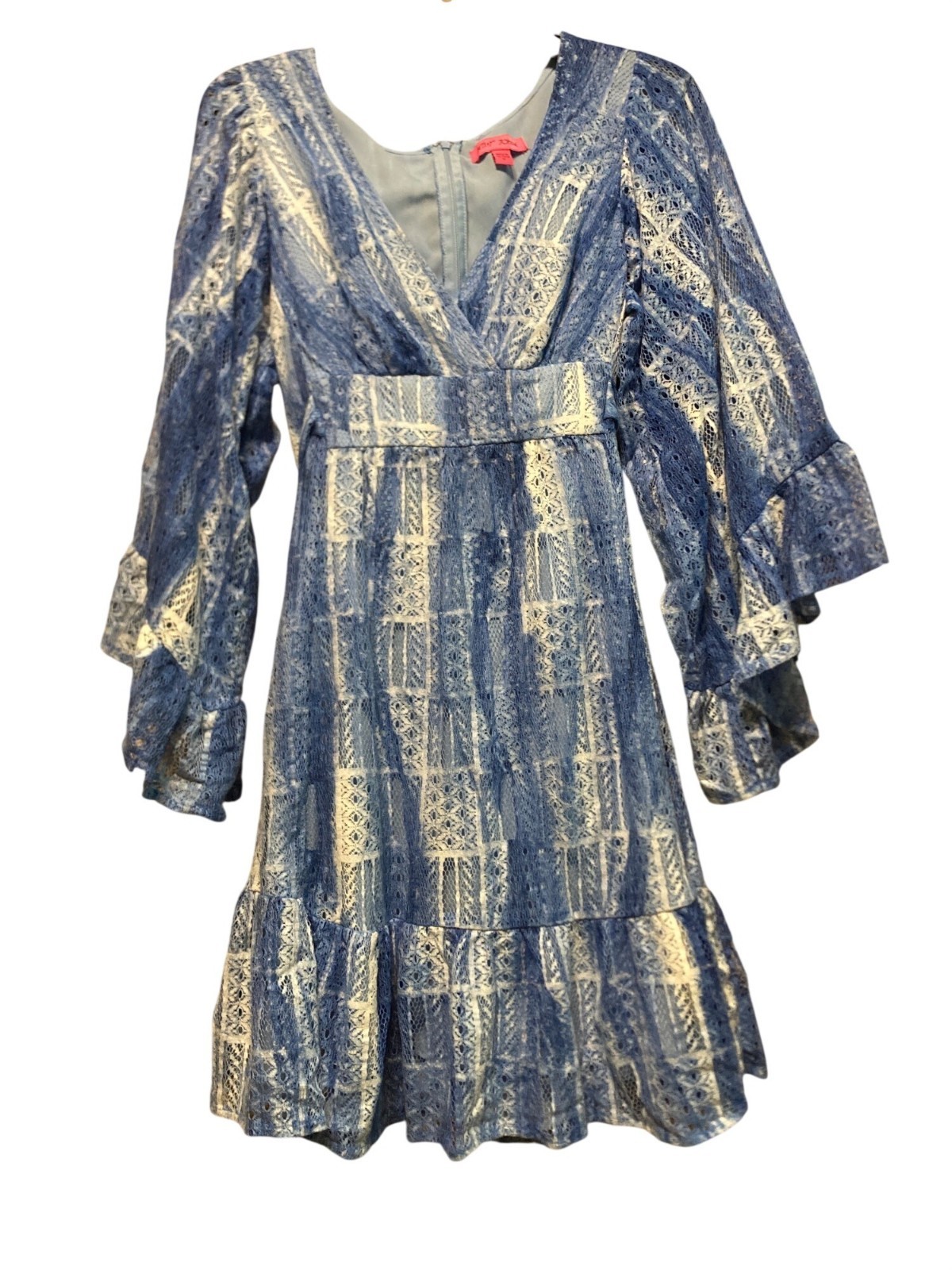 Betsey Johnson Blue Lace Ruffle Bell Sleeve Dress Size 10 Boho-Chic