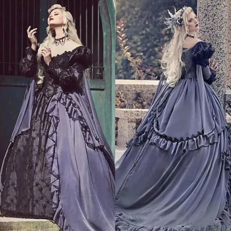 Vintage Gothic Off Shoulder Ball Gown Lace Satin Long Halloween Medieval Costume