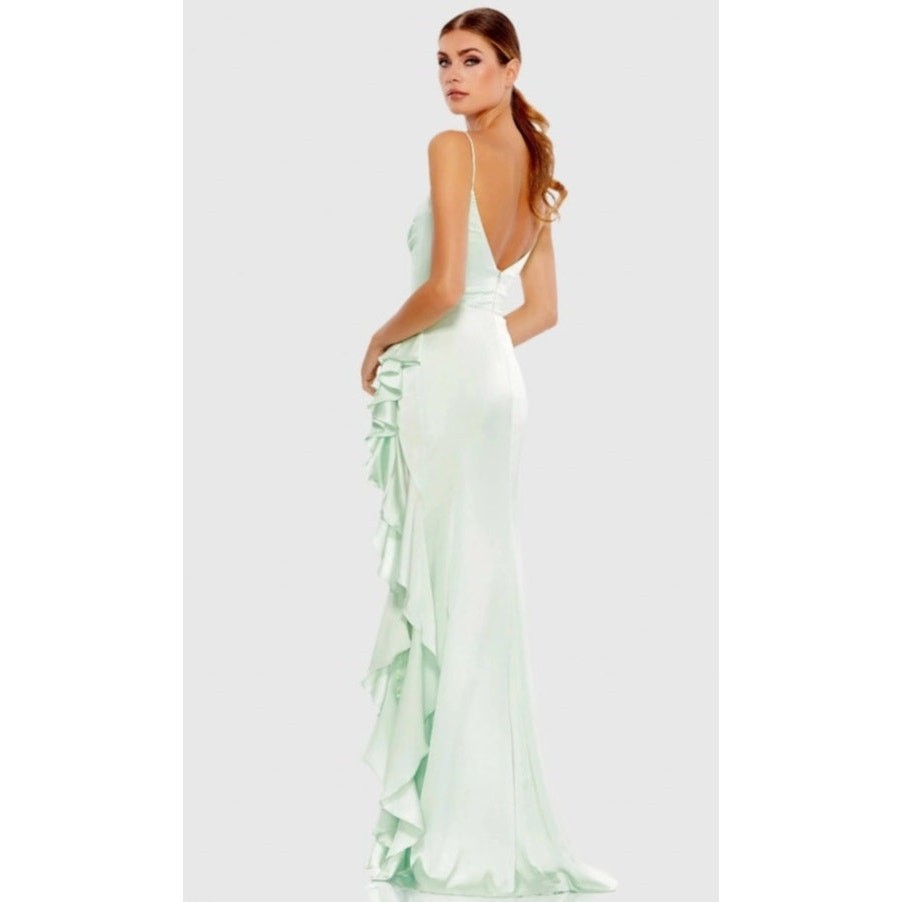 Mac Duggal Size 8 Light Green Satin Ruffled Prom Maxi Gown Dress 67815 NEW