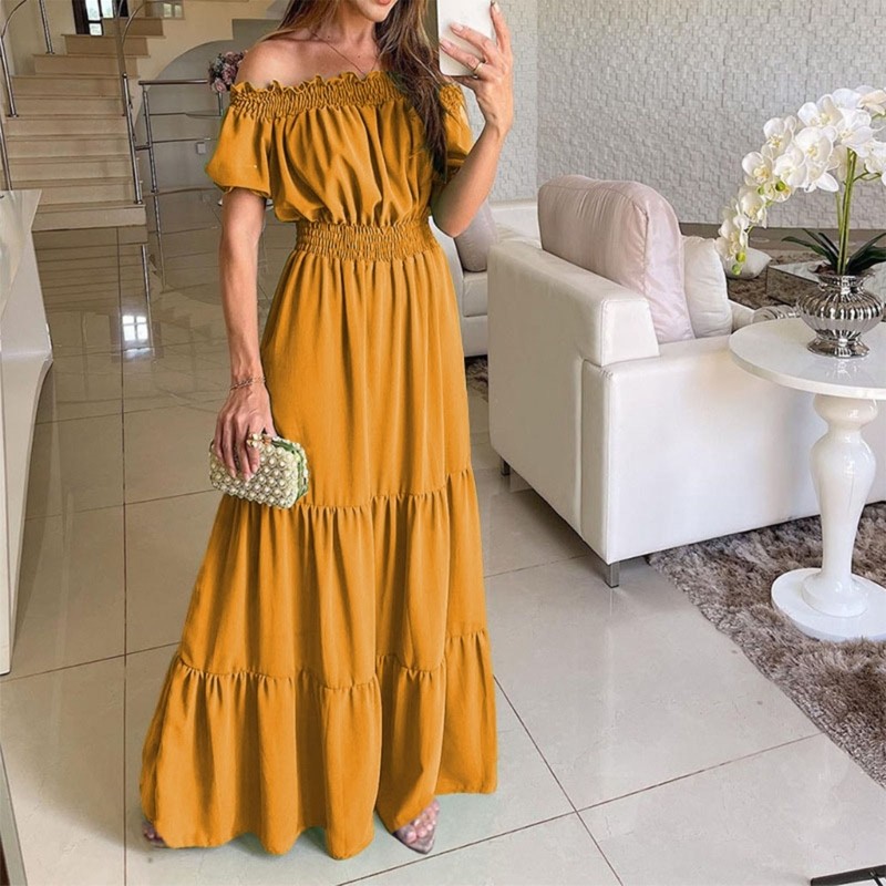 Solid Color Ruffle Long Dress Casual Short Sleeves High Waist Elegant Dress