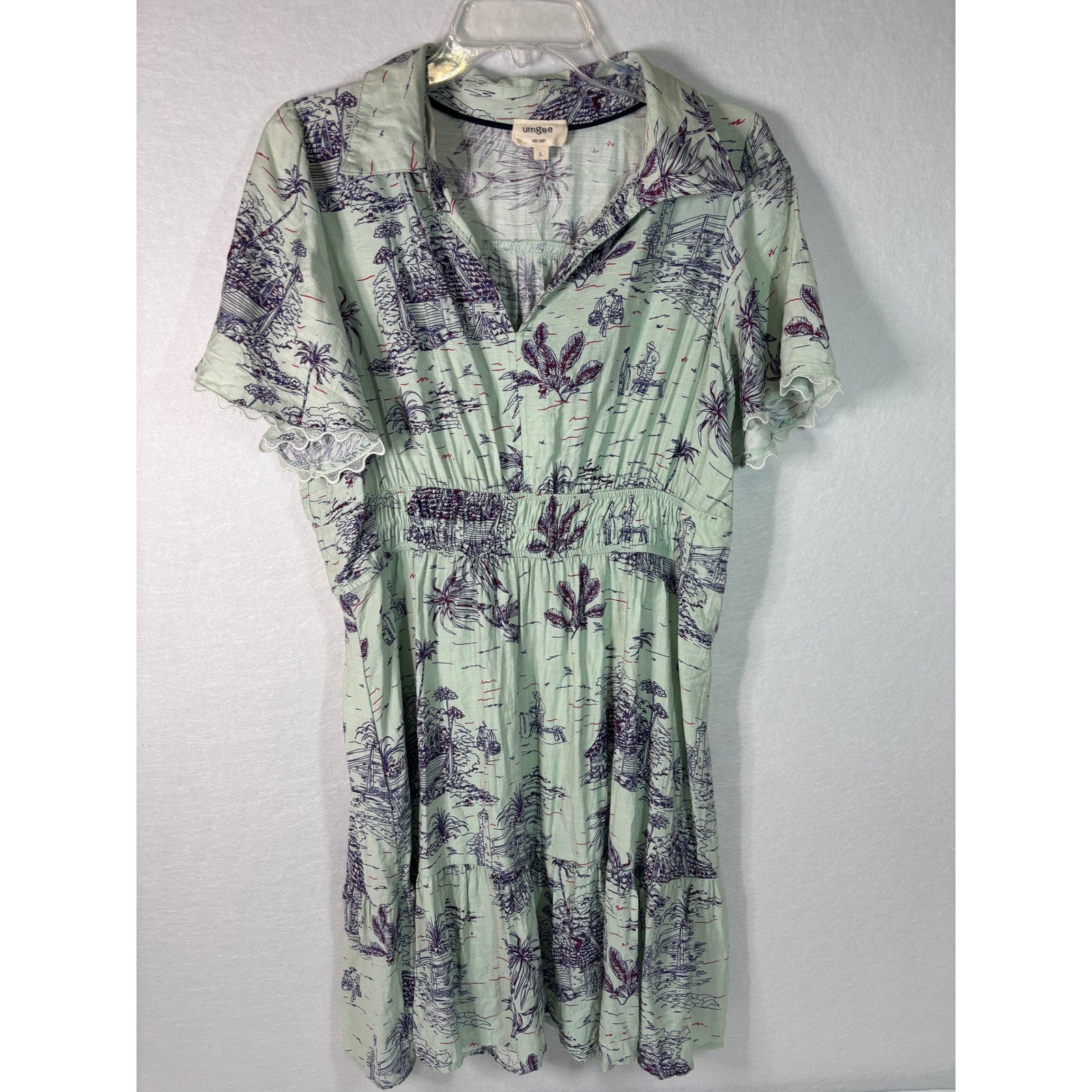 Umgee Mint Green Tropical Toile Lace Trim Mini Dress Large K8690 Short Sleeve