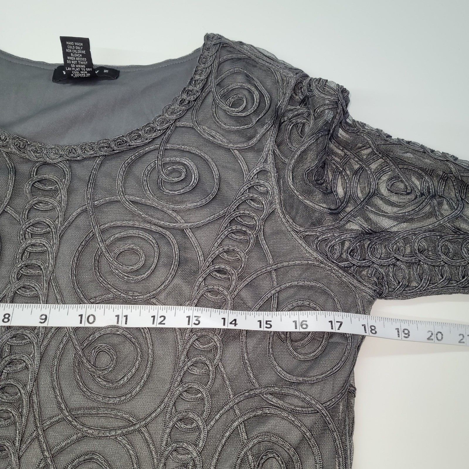 Weavz Designer Dress Gray Swirl Embroidered Mesh Overlay L Long Sleeve Sheath