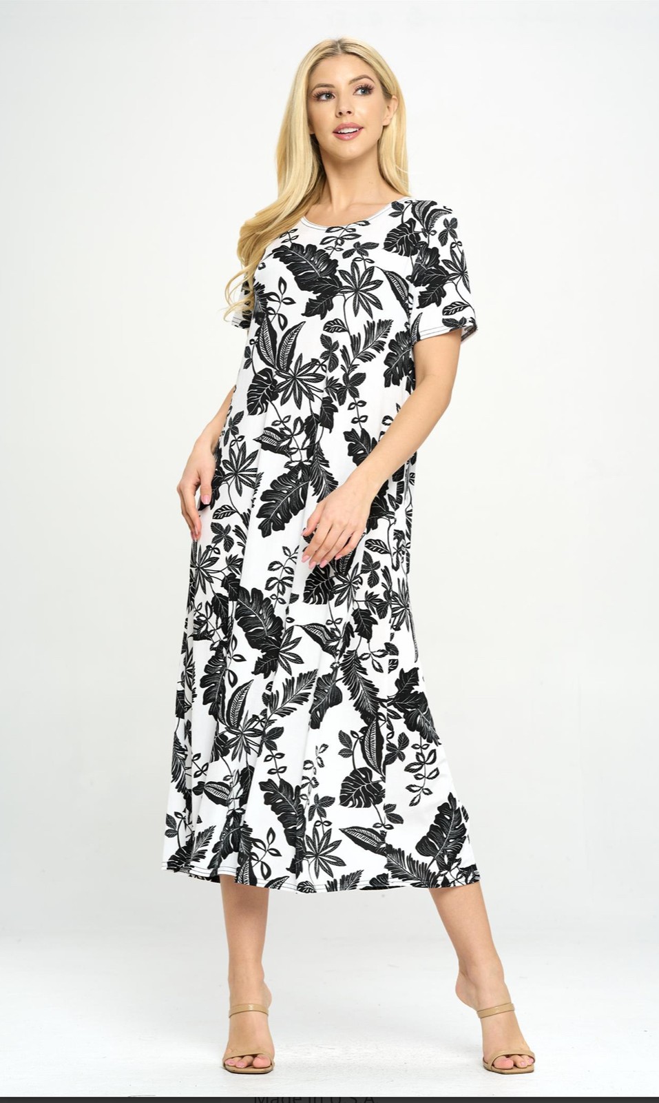 JOSTAR Slinky LONG DRESS Poly Spandex Knit Black White FLORAL S M L XL 2X 3X