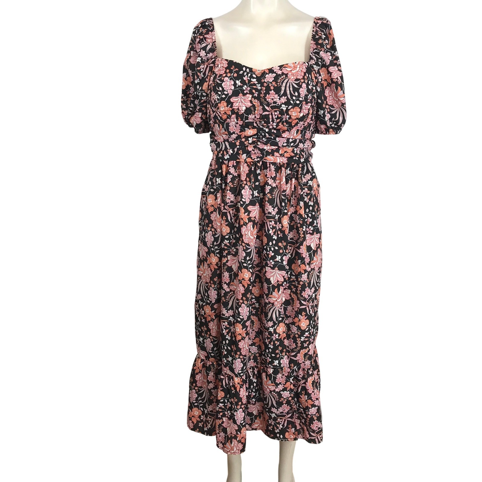 Maurices Maxi Dress Floral Print Black Pink Peach Square Neck Puff Sleeve