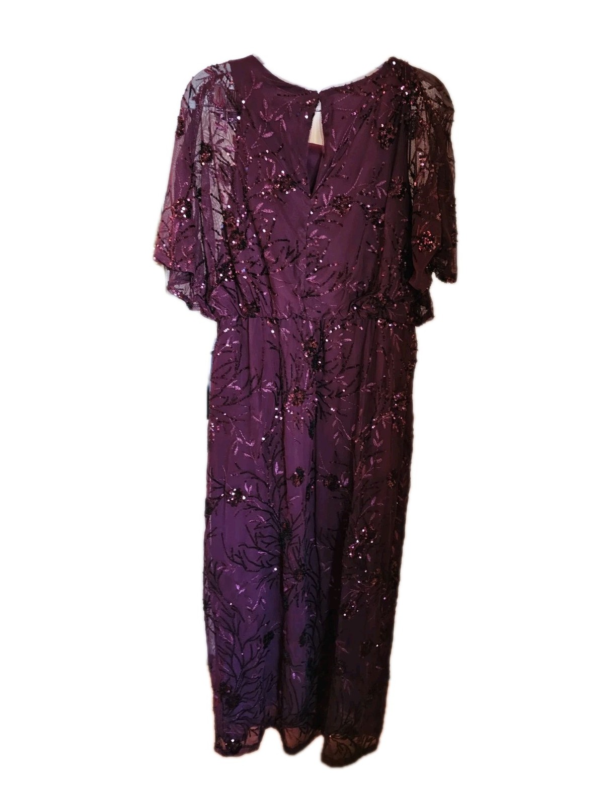 SLNY Tea Length Mesh Sequin Blouson Dress Plum Burgundy Size [Size 10]