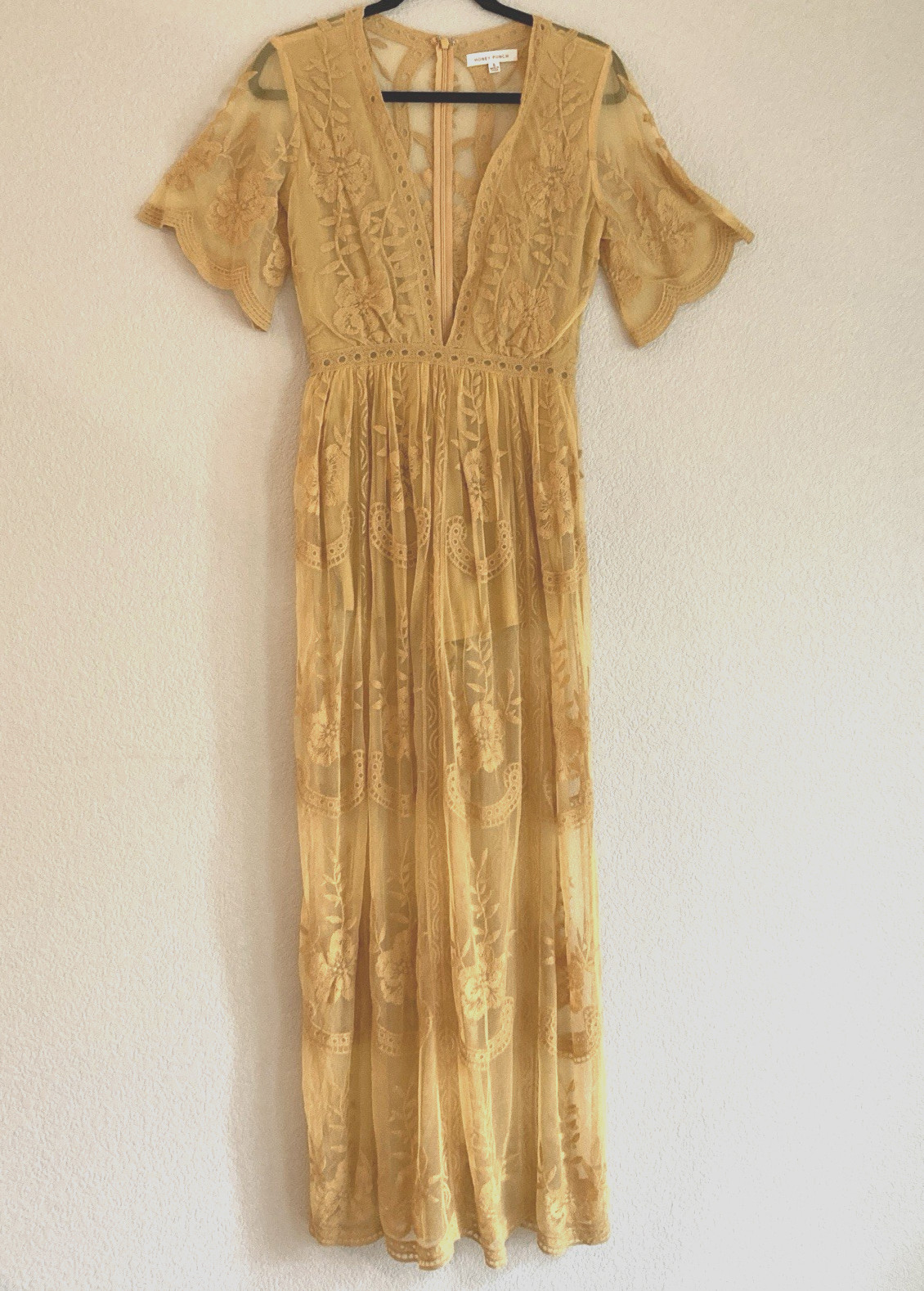 Honey Punch Marigold Mustard Maxi Boho Lace Embroidered Dress Romper Shorts S