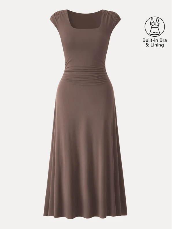 SkinKiss Cooling Square Neck Ruched Midi Bra Dress Iced Mocha Women’s S