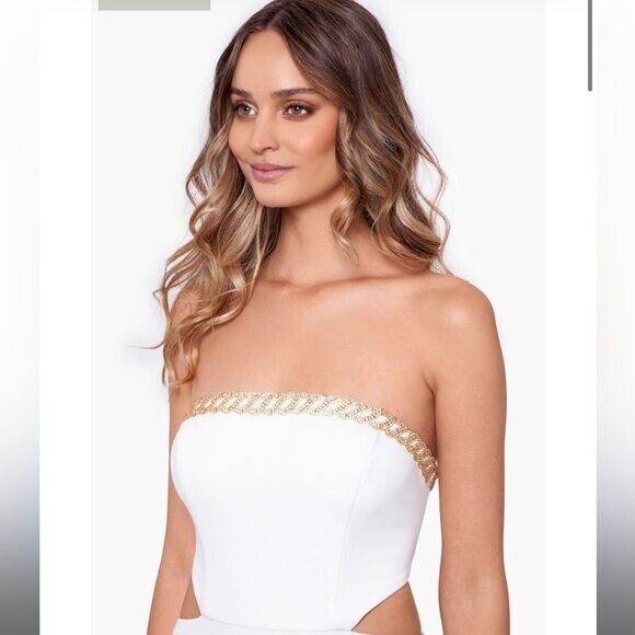 Xscape Amabella lace up long strapless scuba crepe white embelishment 16 wedding