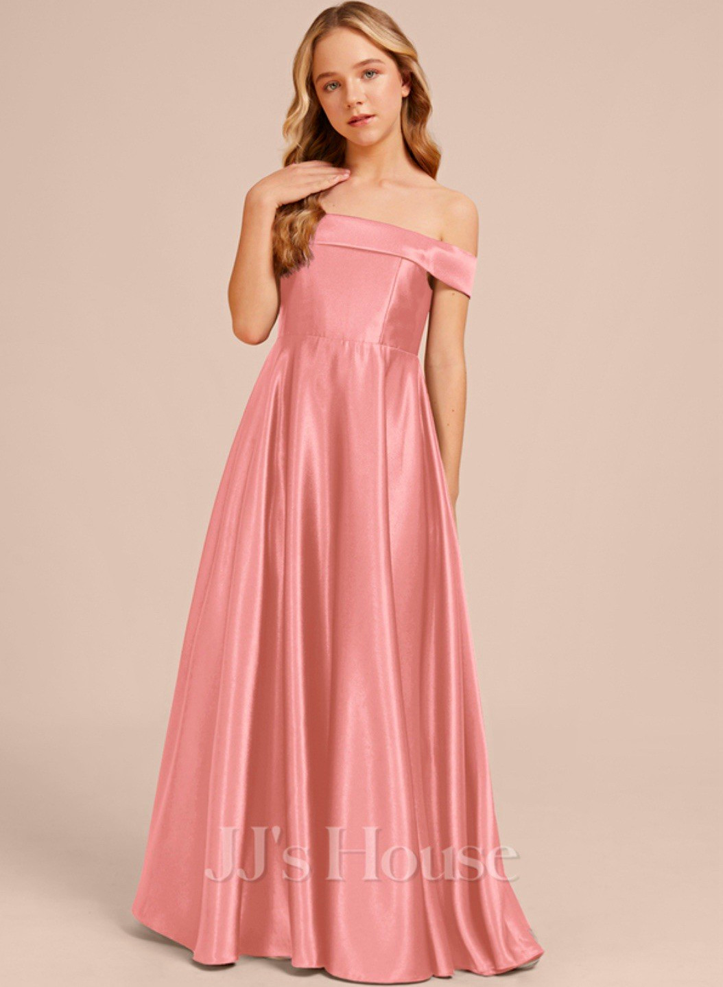 JJ’s House Pink Satin Off-Shoulder Pleated Long Formal Gown Dress Size 4