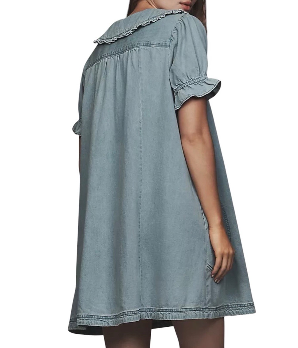 Anthropologie Pilcro Keira Denim Mini Dress Size L Babydoll Tiered ShirtDress