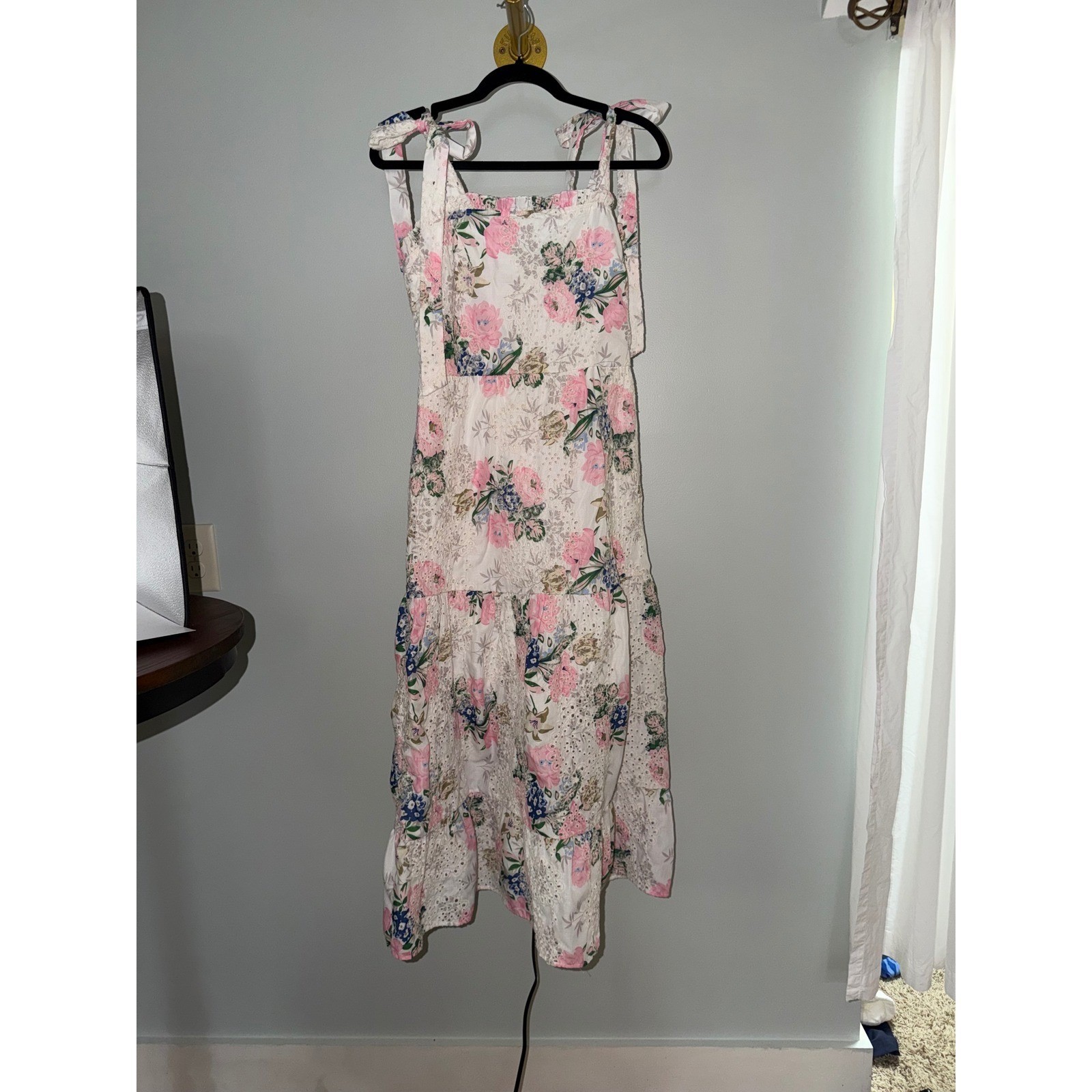 Sunday Up Floral Eyelet Lace Tie Shoulder Smocked Midi Dress Pink White Medium