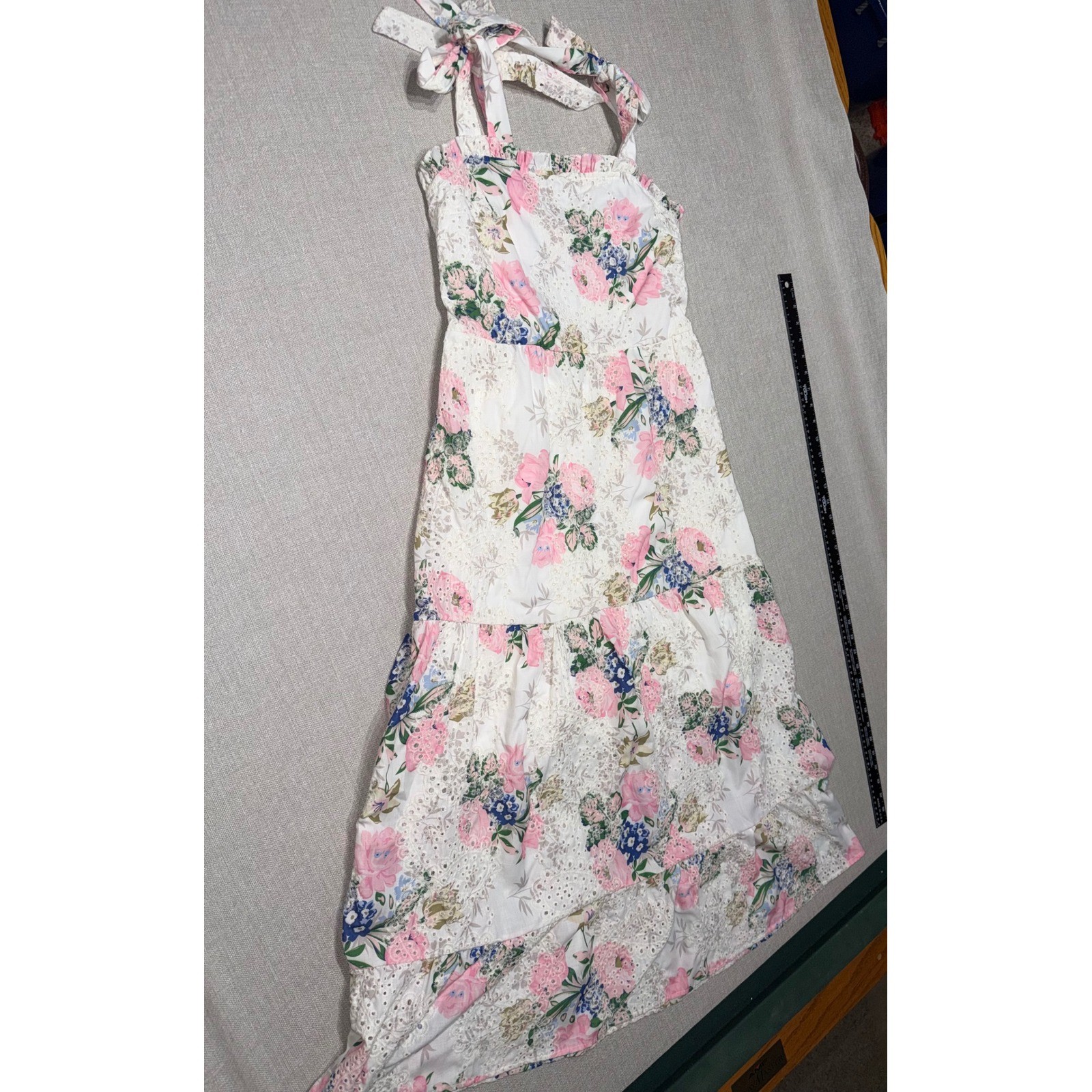 Sunday Up Floral Eyelet Lace Tie Shoulder Smocked Midi Dress Pink White Medium