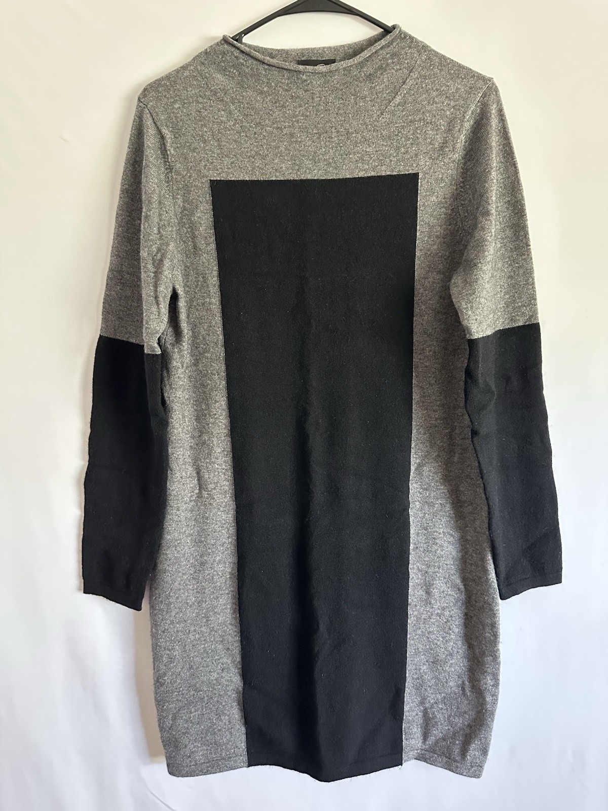 Lochleven Wool Cashmere Blend Colorblock High Neck Sweater Dress Black Gray Sz L