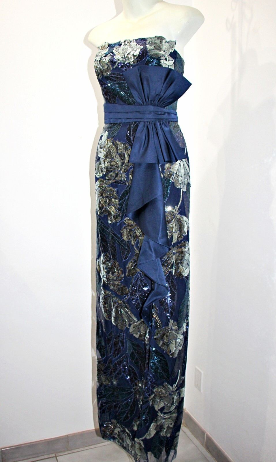 Marchesa Notte Navy & Silver Sequin Mikado Bow Gown With Deep Slit sz 6 $995