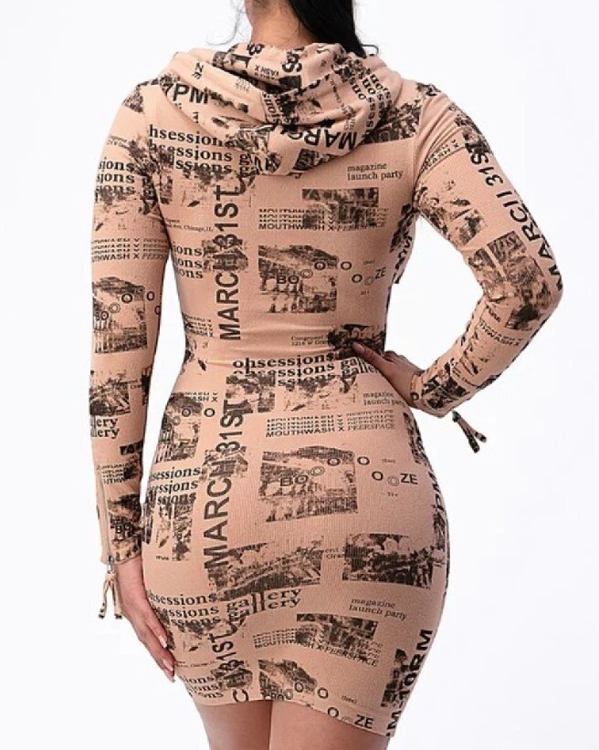 Magazine Print Tan/Gray Hooded Long Sleeve Bodycon Dress