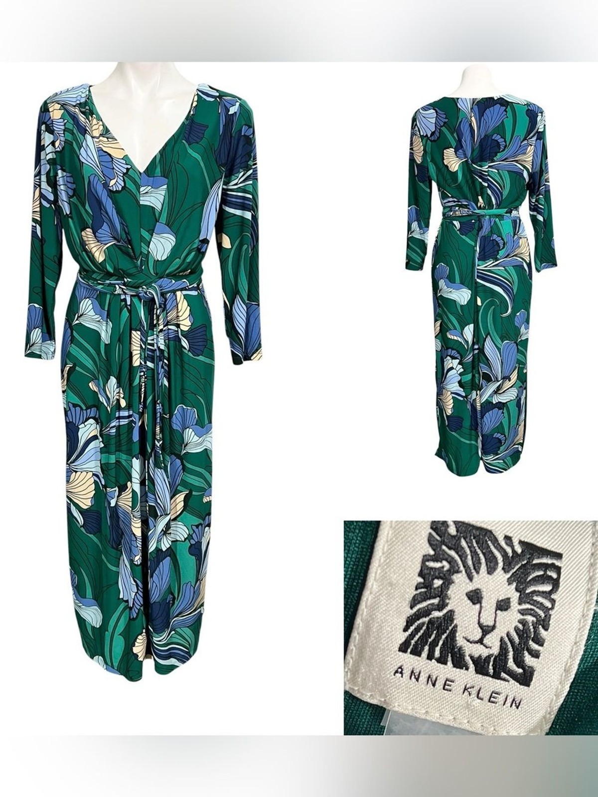 Anne Klein Midi dress sz L Green Floral Faux Wrap Tea length office fall church