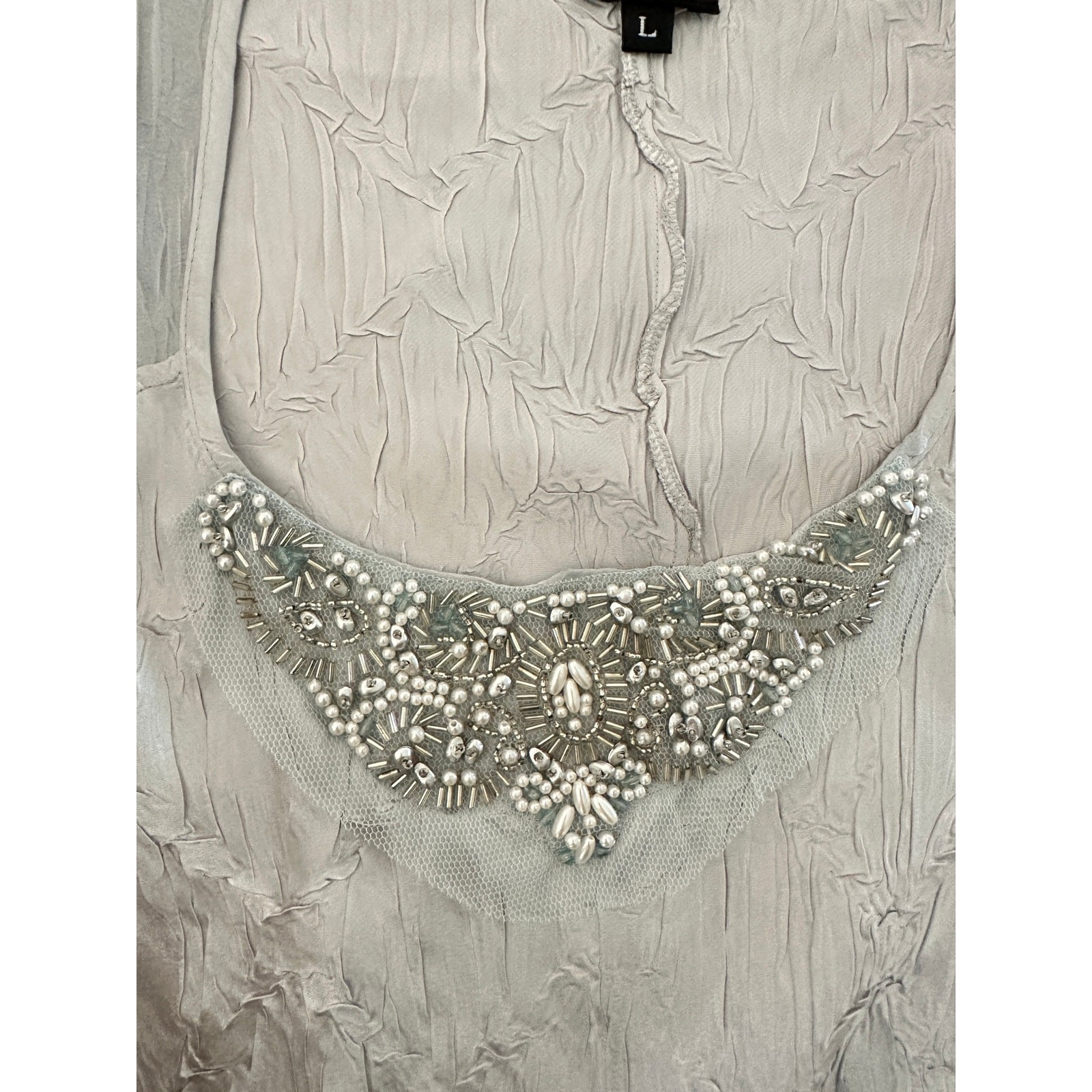 Komarov Crinkle Chiffon Dress Blue Gray Beaded Handkerchief Hem Fairycore Size L